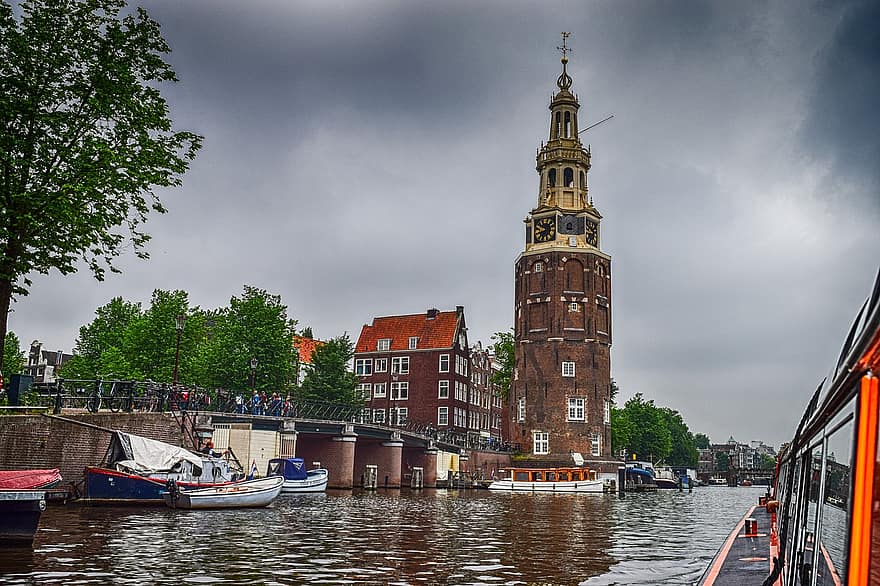 アムステルダム、ボート、運河、水、観光客、建物、歴史的な、ヨーロッパ、建築、有名な場所、航海船