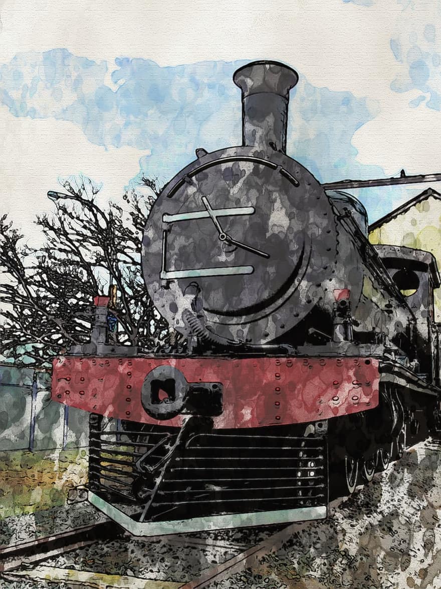 locomotora, art, vapor, tren, vell, vintage, ferrocarril, motor, acer, imatge, transport