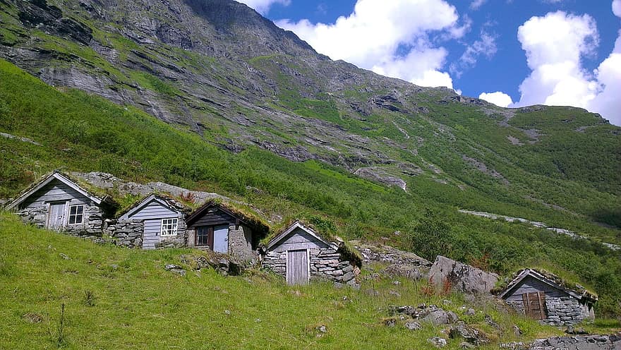 bjerge, hytter, landsby, norge, skandinavien, hældning, huse, landskab, landskabet