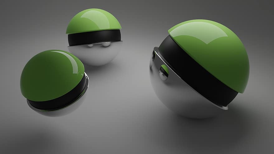 Pokeballs, Poke Balls, 3d Render, green color, illustration, symbol, men, computer graphic, characters, single object, cartoon