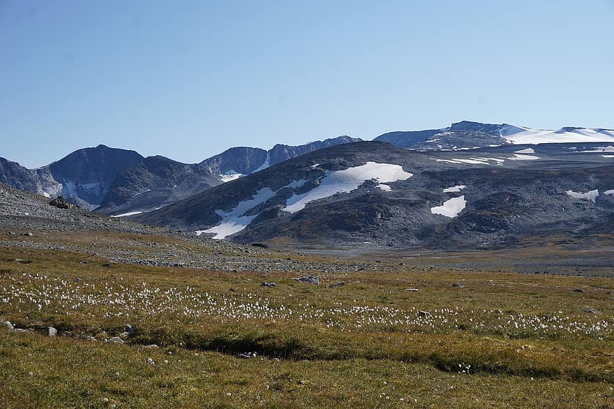 горы, поле, Jotunheimen, Норвегия, природа, пейзаж, снег, луг, пустыня, Trollsteinkvelven, Glittertind