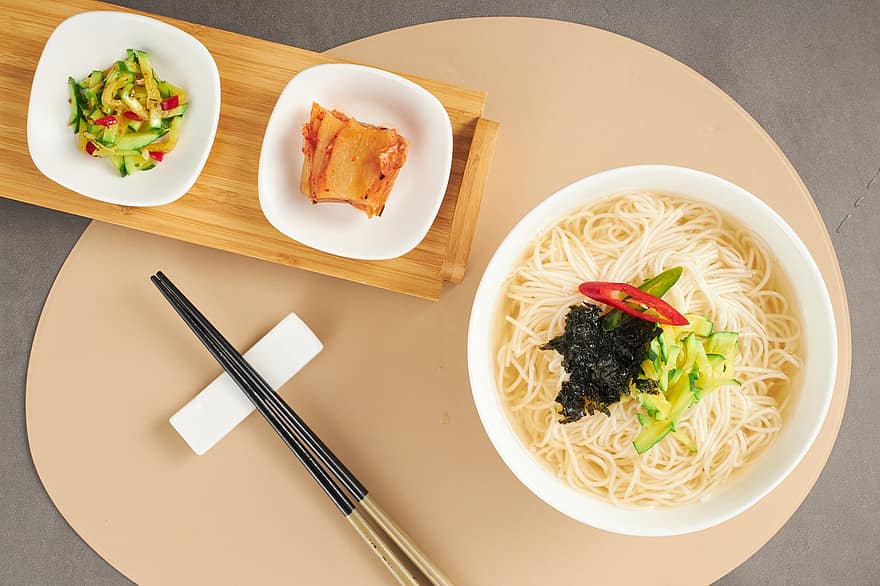 Noodles, Korean Cuisine, Korean Food, Flat Lay, Top View, food, chopsticks, meal, gourmet, plate, lunch