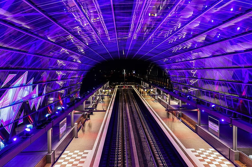 станция, архитектура, Хамбург, влак, метро, транспорт, платформа, на закрито, модерен, нощ, изградена конструкция