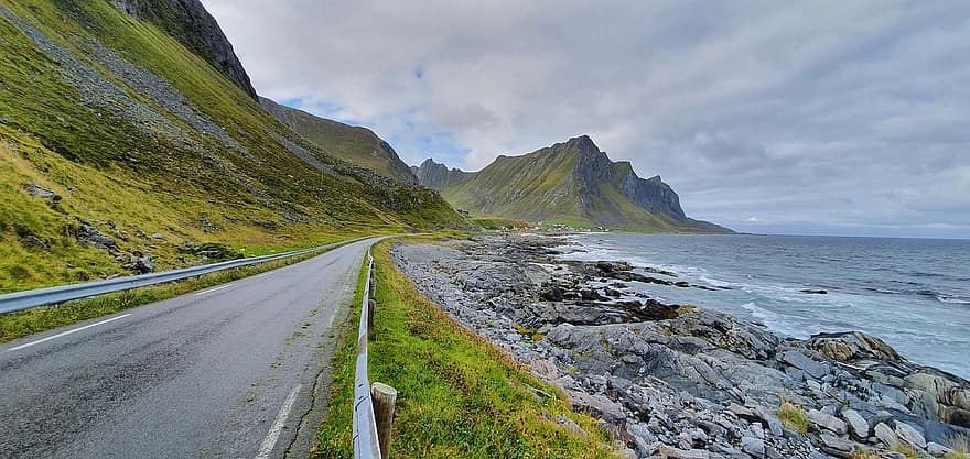 muntanyes, carretera, viatge de carretera, mar, lofoten, vacances, viatjar, aigua, noruega, perspectiva, naturalesa