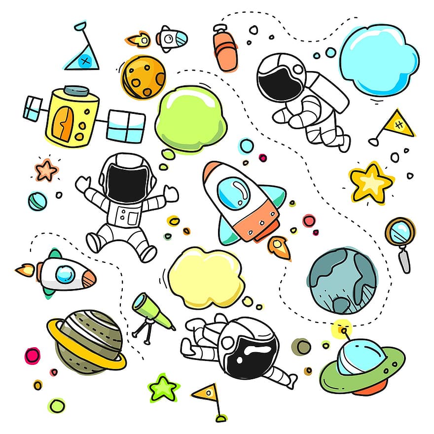 esbós, dibuixos animats, espai, conjunt, col · lecció, astronauta, nau espacial, Doodle, línia d'art
