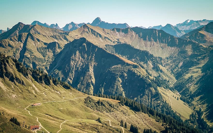 természet, utazás, felfedezés, szabadban, hegyek, Kleinwalsertal, Tirol, túra, hegy, hegycsúcs, tájkép