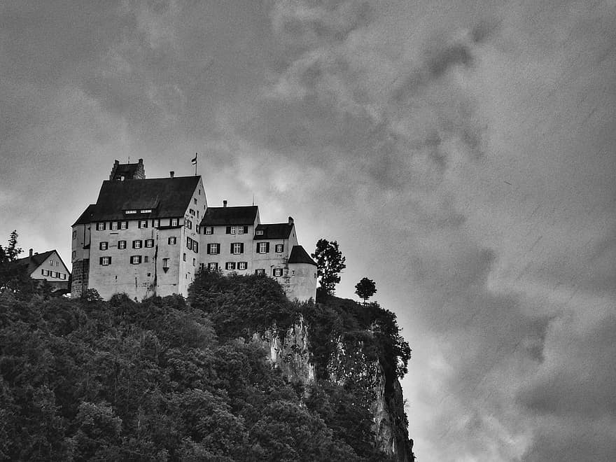 castillo, fortaleza, monocromo, naturaleza, cima de una colina