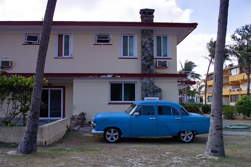 retro, car, parked, auto, palm, tree, building, transportation, antique, design, travel