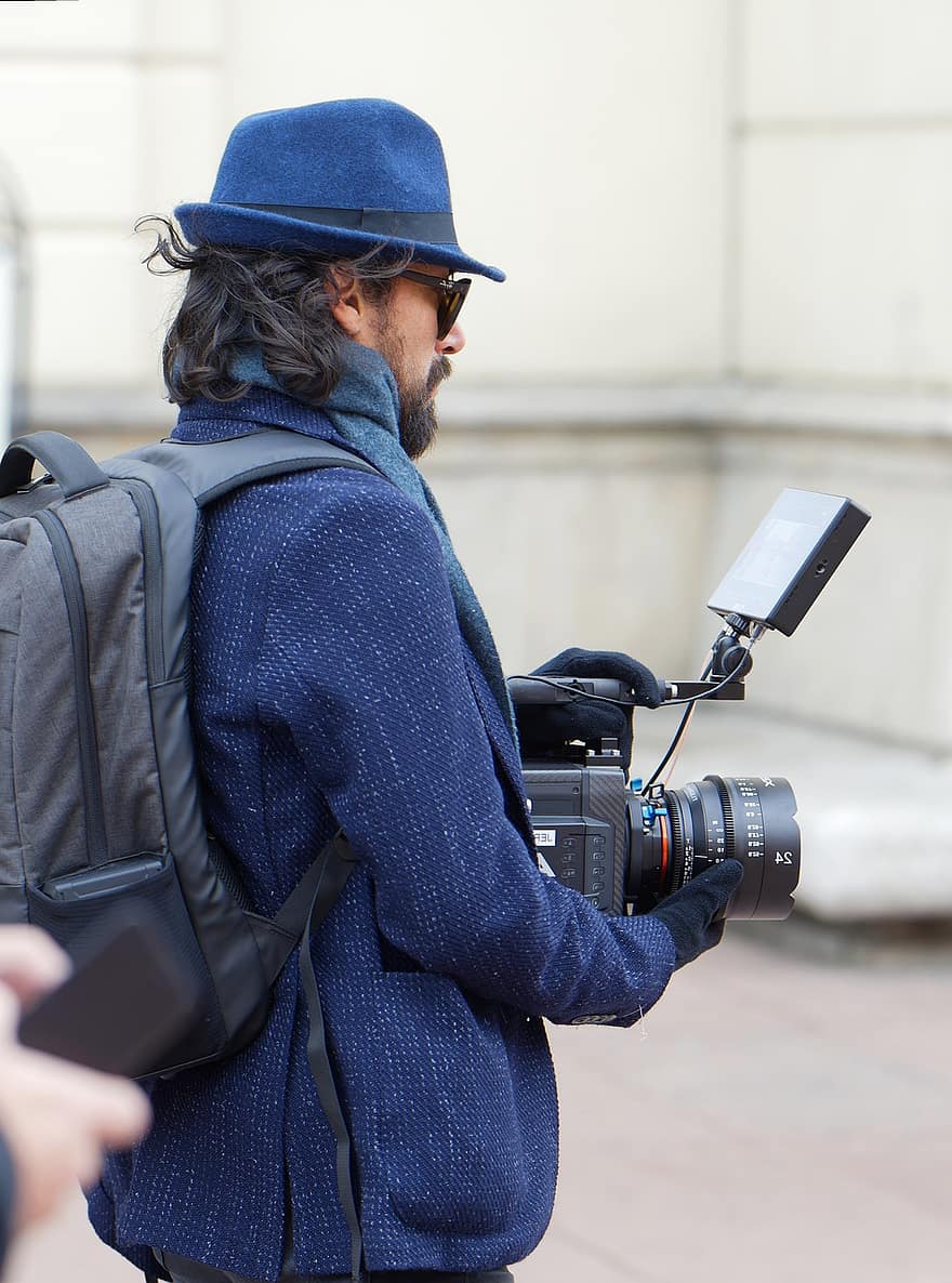 om, barbă, pălărie, filmare, recorder, persoană, stradă, bărbați, o persoana, adult, aparat foto