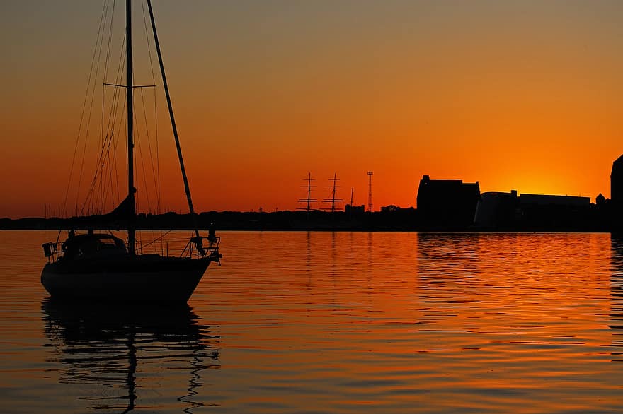 bateau à voile, le coucher du soleil, Stralsund, voile, mer, navire, bateau, eau, ciel, paysage, Voyage