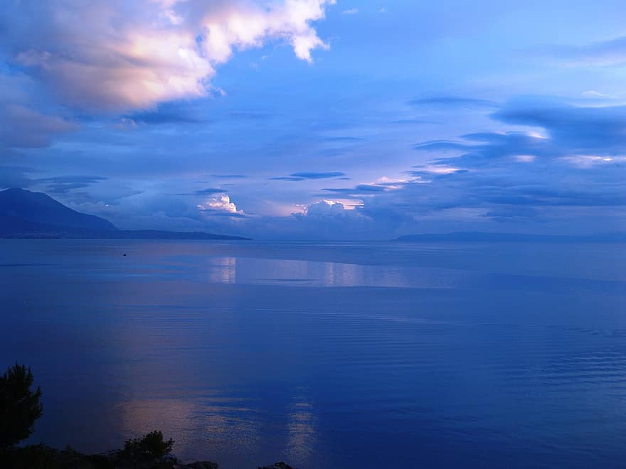solnedgang, afgrund, overskyet himmel, refleksioner, nord, Euboea, Grækenland, hav, vand, formindske, sollys