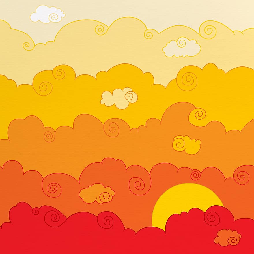 Sunset, Clouds, Sun, Sky, Dusk, Twilight, Hand-drawn, Dawn, Cartoon, Background, Wallpaper