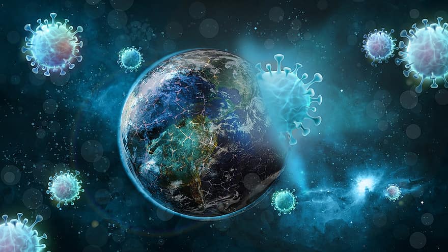 Trái đất, hào quang, vi-rút, quả địa cầu, đại dịch, dịch bệnh, covid, mặt nạ, sự nhiễm trùng, sự cách ly, vệ sinh