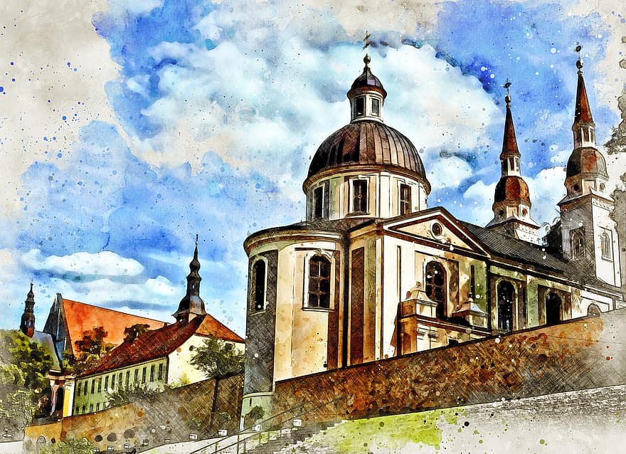 Monastery, Collegiate Church, Catholic, Oil Painting, Background
