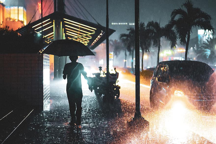 regn, vatten, utomhus-, människor, mänsklig, ljus, natt, stad, urban, ögonblick, män