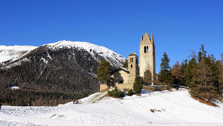 церковь, снег, горы, Engadin