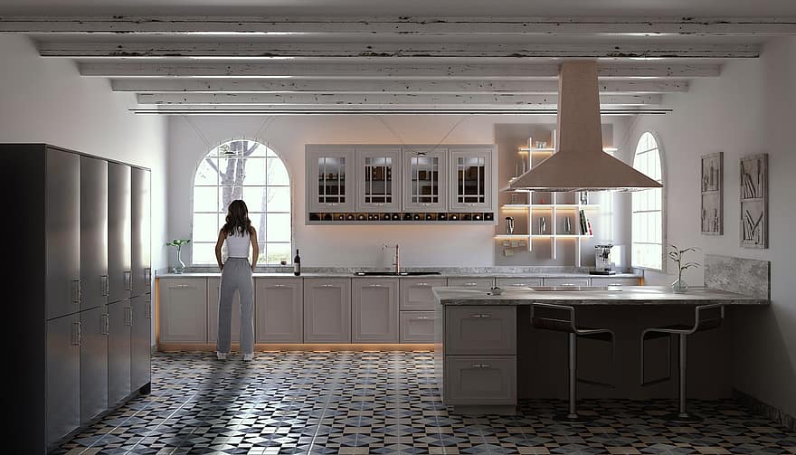 phòng bếp, đàn bà, kết xuất, ngành kiến ​​trúc, thiết kế nội thất, Nội thất màu trắng, thiết kế, hiện đại, trong nhà