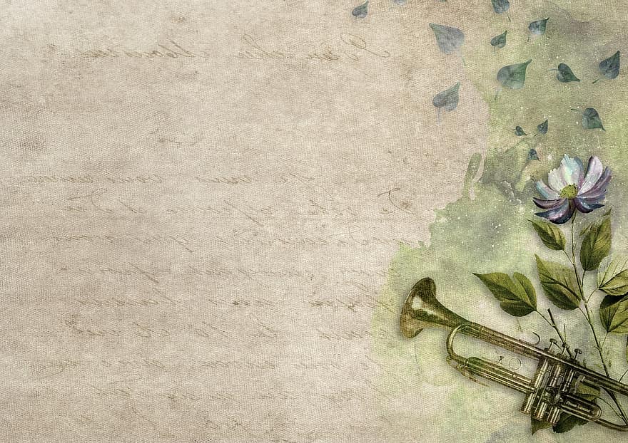 цветок, труба, листья, бумага, марочный, старый, духовой инструмент, романс, благородный, эмоция, открытка