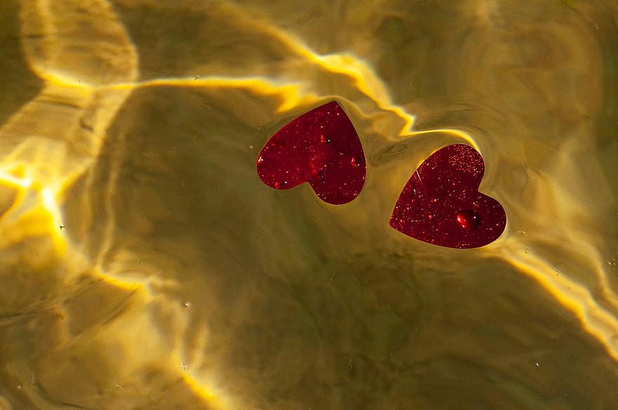 Hearts, Water, Surface, Swim, backgrounds, love, romance, close-up, abstract, yellow, summer