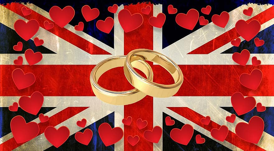 mariage royal, Royal, mariage, anneaux, drapeau, Angleterre, uni, Royaume, amour, cœurs, la cérémonie