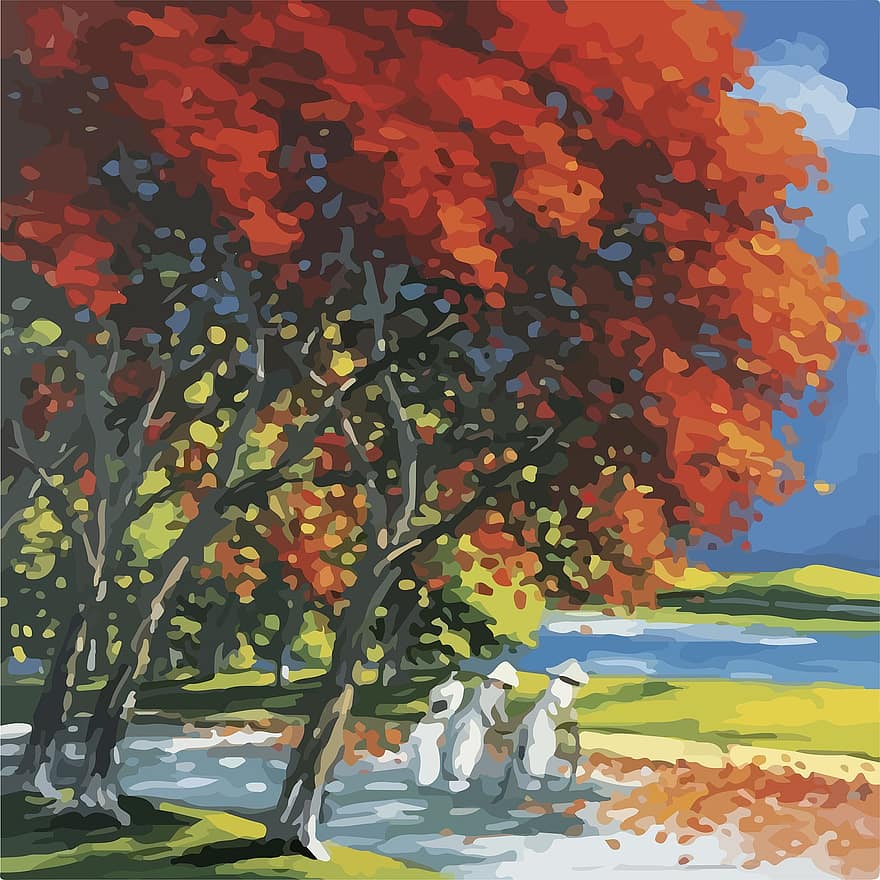 lukisan, Seni Lowpoly, penuh warna, keindahan, kreatif, alam, pemandangan, pohon, musim gugur, daun, musim