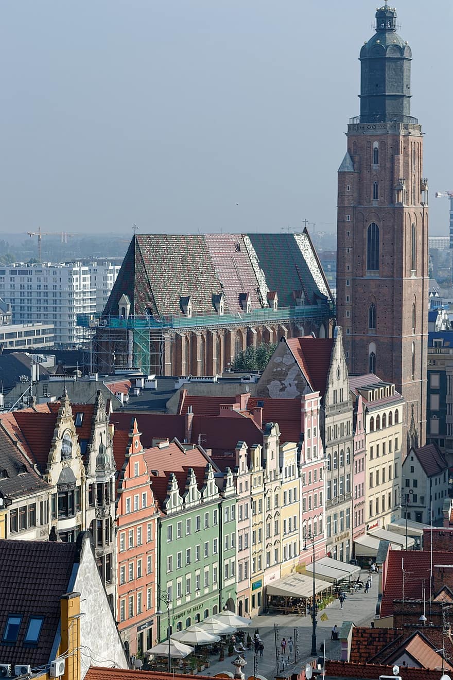 budov, střechy, historický, architektura, turistické, lidé, wroclaw