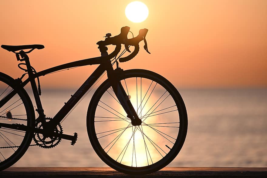 велосипед, слънце, залез, пътно колело, силует, море, здрач, спорт, Колоездене, изгрев, разсъмване