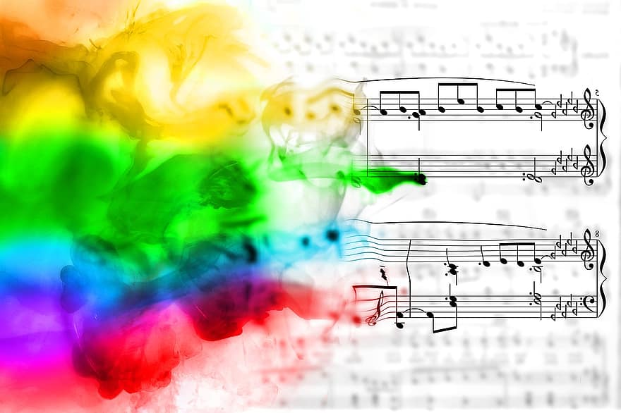 Musik-, Notenblätter, Farbe, Kunst, Aquarelle, Regenbogen