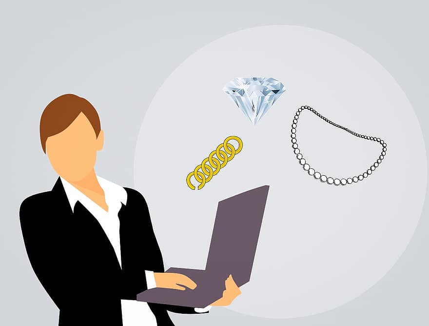 joalheria, colar, diamante, anel, vendendo, mulher de negócios, conectados, loja, Comprar, Internet, tecnologia