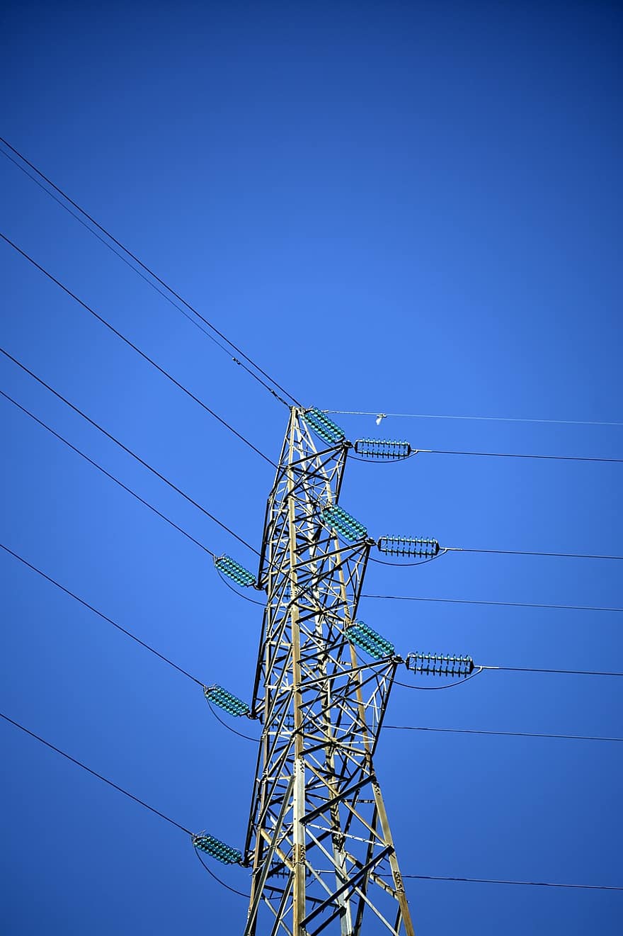 Turm, elektrischer Turm, Energie, Blau, Elektrizität, Stromleitung, Kraftstoff- und Stromerzeugung, Netzteil, Strommast, stehlen, Industrie