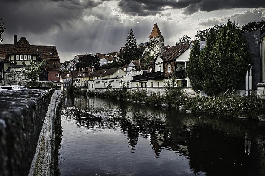 River, Old Town, Germany, Houses, Buildings, City, Water, Reflection, Cloudy