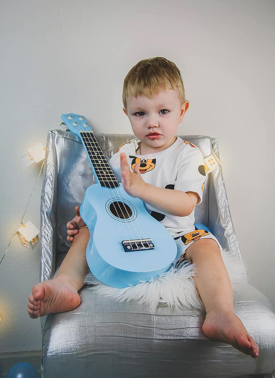 băiat, copil, chitară havaiană mică, muzică, instrument, portret, copil mic, instrument muzical