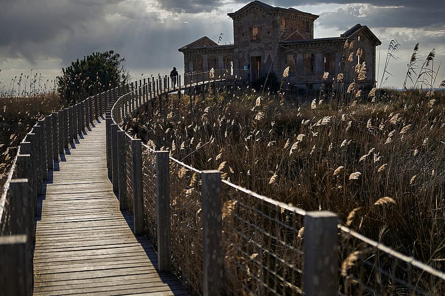 Beach, Boardwalk, Ruins, House, Barcelona, Watchtower, wood, architecture, fence, landscape, rural scene