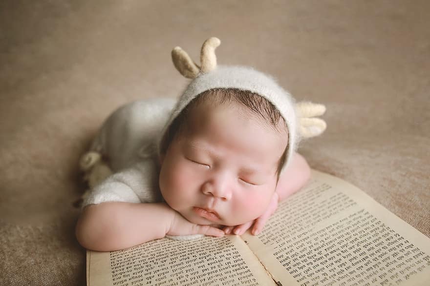 jaundzimušo, bērns, portrets, zīdainis, kostīms, grāmata, miega, gudrs, burvīgs