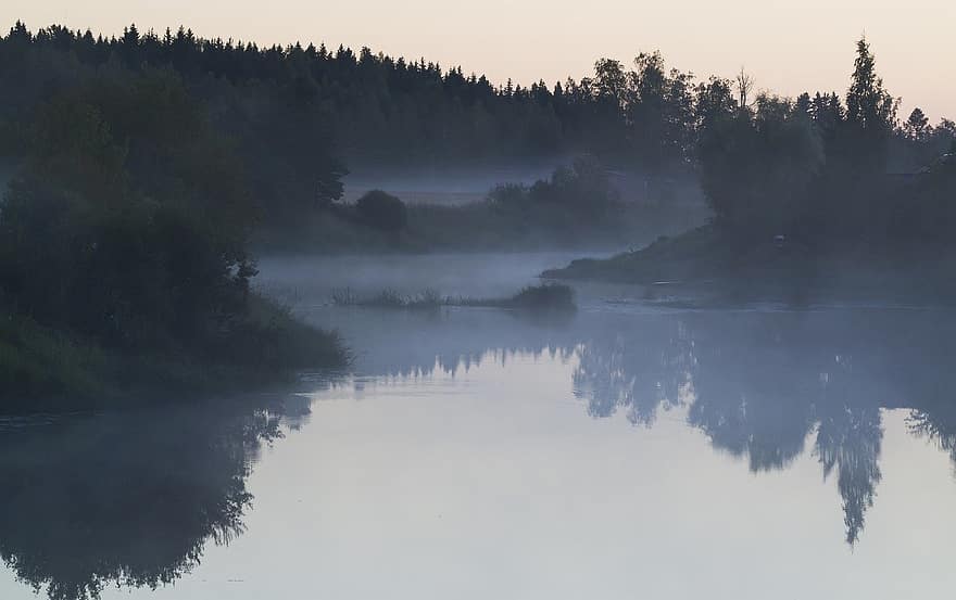 rivier-, Bos, mist, water, landschap, boom, reflectie, rustige scène, blauw, zomer, herfst