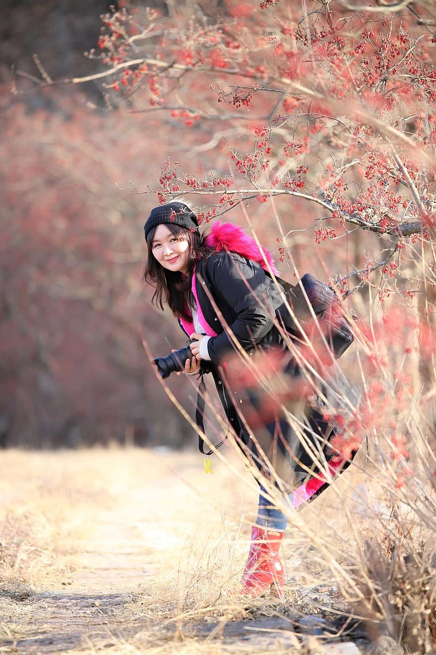 Женский, турист, камера, портреты, поза, счастливый, Деревня Сансую, этой весной, Корея, зима