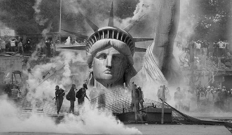 patung Liberti, kekerasan, anarki, peristiwa, bom asap, konseptual, akan, pemerintah, negara, patung, Amerika