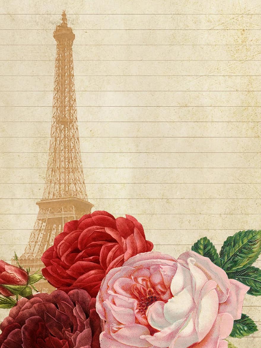 årgang, collage, kunst, roser, blomster, Paris, eiffel, lyserød, kjole, rød, papir