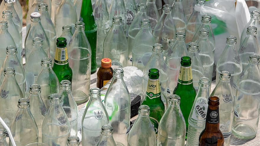 buteliai, perdirbti, konteineris, gėrimai, butelis, perdirbimas, Iš arti, skystis, žalia spalva, stiklas, skaidrus