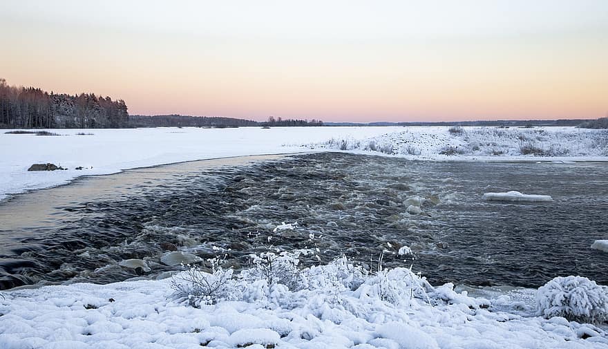 rio, inverno, natureza, barragem, Finlândia, huittinen, Mutilahti, neve, gelo, panorama, por do sol