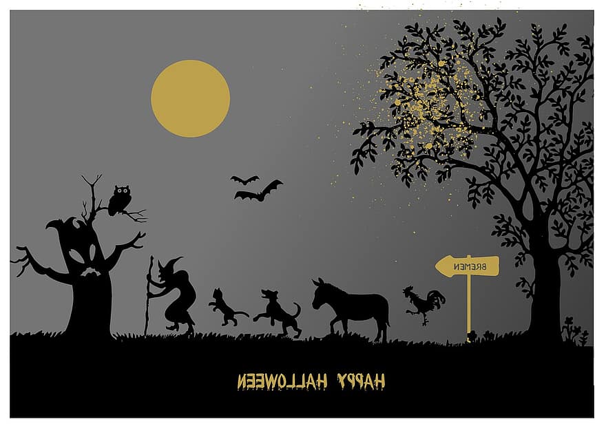 halloween, keledai, anjing, kucing, penyihir
