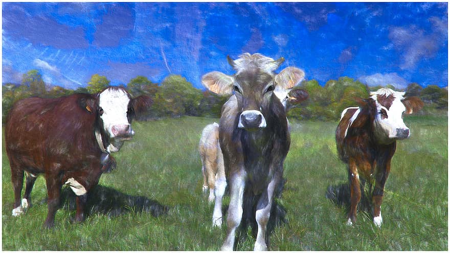 vaca, campo, mesa, pintura, pastagens