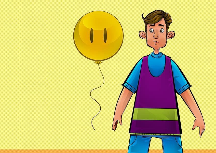 आदमी, गुब्बारा, चेहरा, पीला, ज्यामितीय आकार, खुश, भावना, अच्छा, हर्ष, अभिव्यक्ति