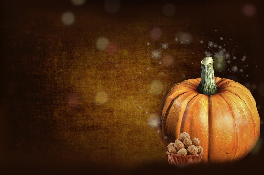 Pumpkin, Walnuts, Leaves, Season, Field, Glitter, Autumn, Nature, Atmosphere, Harvest, Walnut