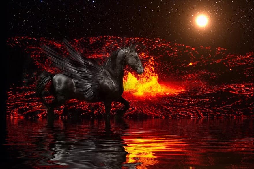 lava, sole, fiamma, lago, acqua, nero, fuoco, Pegasus, bruciare, ala, cavallo