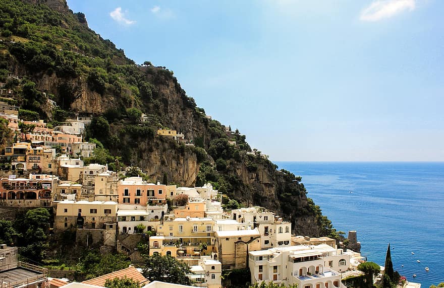bjerg, bygninger, ocean, træer, by, arkitektur, hav, rejse, Grækenland, Italien, ø