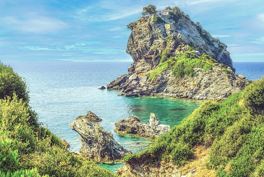ilha, mar, costa, rochas, Costa rochosa, Mar Egeu, natureza, cenário, Grécia, skopelos, kastri