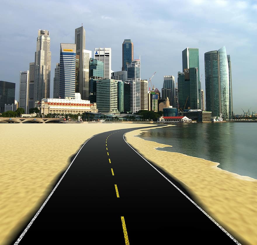 väg, bort, distans, skyskrapor, singapore, framåt-, stad, skyskrapa, byggnad, horisont, urban