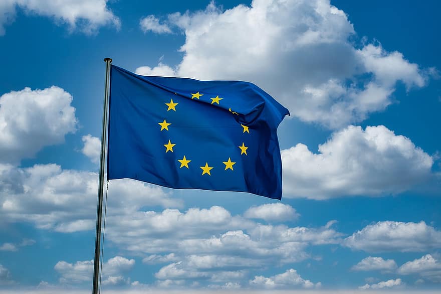 eu, eu karogs, Eiropas Savienība, zils, patriotisms, mākonis, debesis, simbols, dom, ilustrācija, vienotību