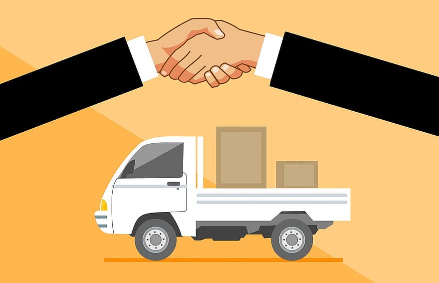 livraison, un camion, poignée de main, concept, un service, van, commercial, des biens, entrepôt, la logistique, paquet